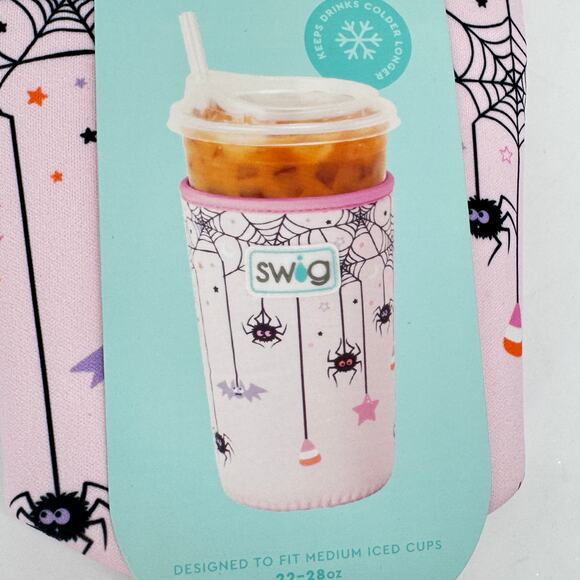 Swig Life Sweet & Spooky Pink Bats Spiders Medium Iced Coffee Drink Coolie NEW - Picture 5 of 7